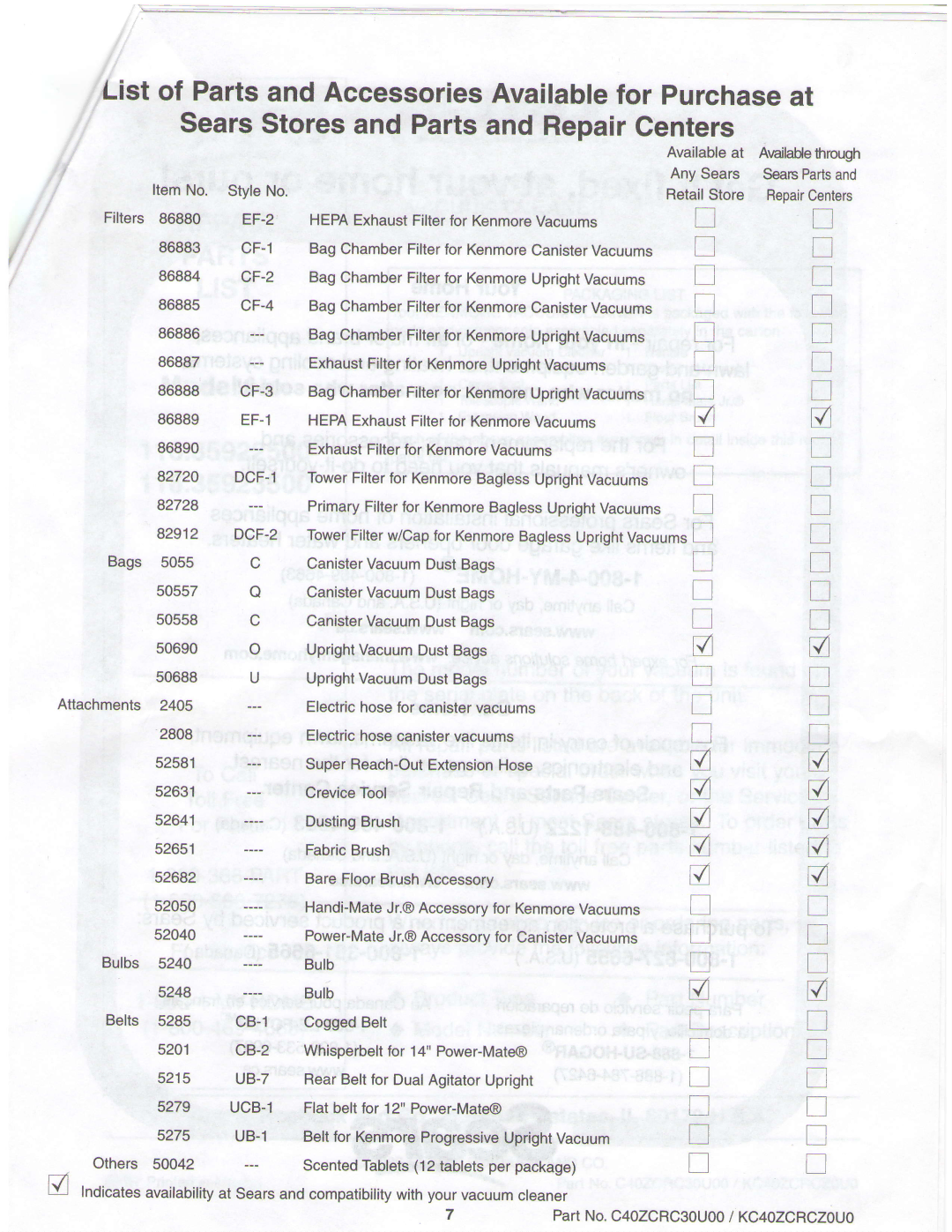 Sears 116.35922500, 116.35923500 owner manual 86889 EF-1 HEPAExhaustFilterfor KenmoreVacuums 86890 