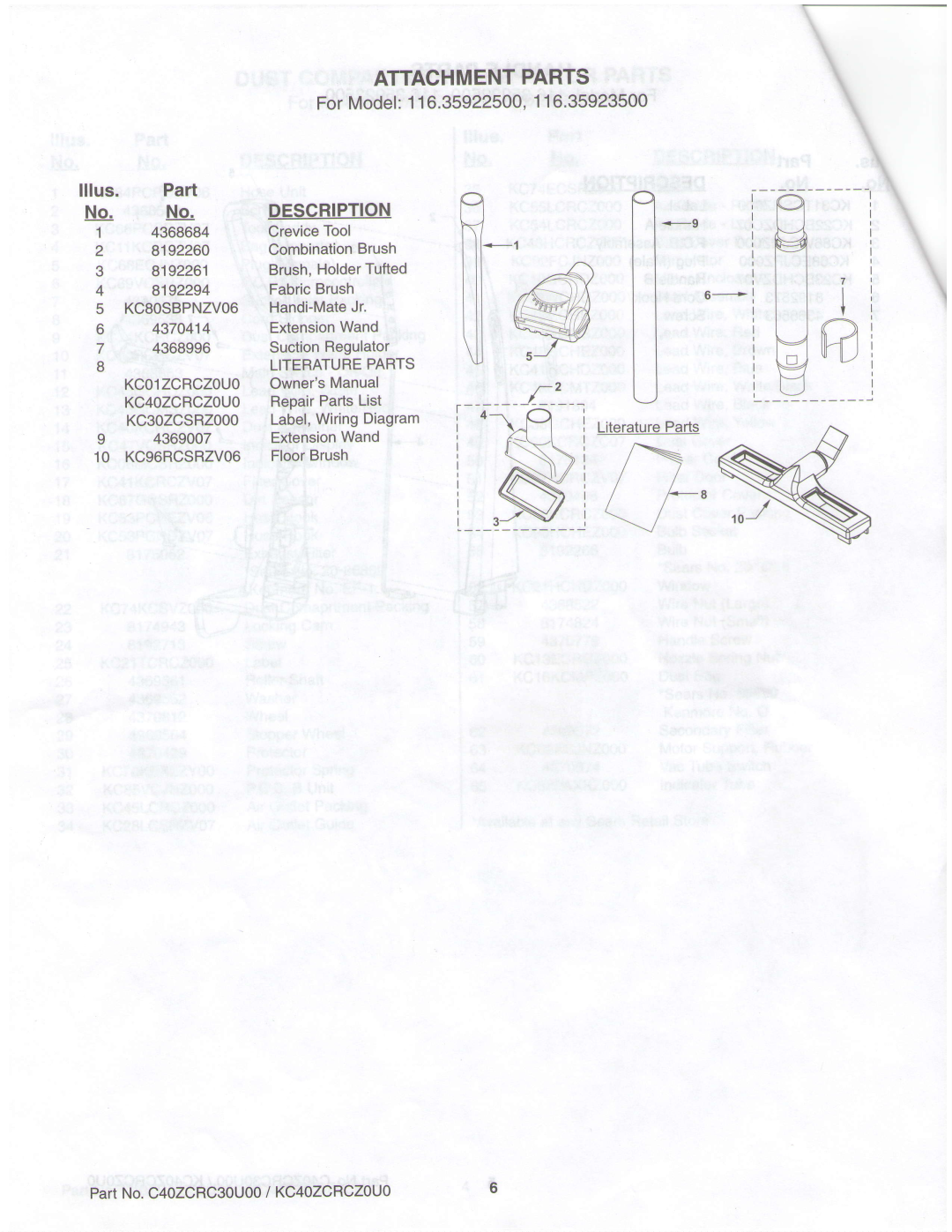 Sears owner manual Attachmentparts, lllus. Part, ForModel116.35922500,116.35923500 