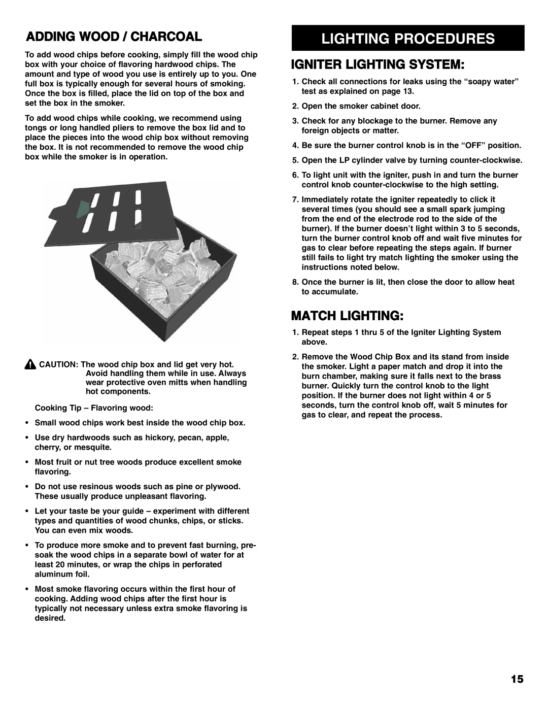 Sears 125.15884800 owner manual Lighting Procedures, Adding Wood / Charcoal, Igniter Lighting System, Match Lighting 