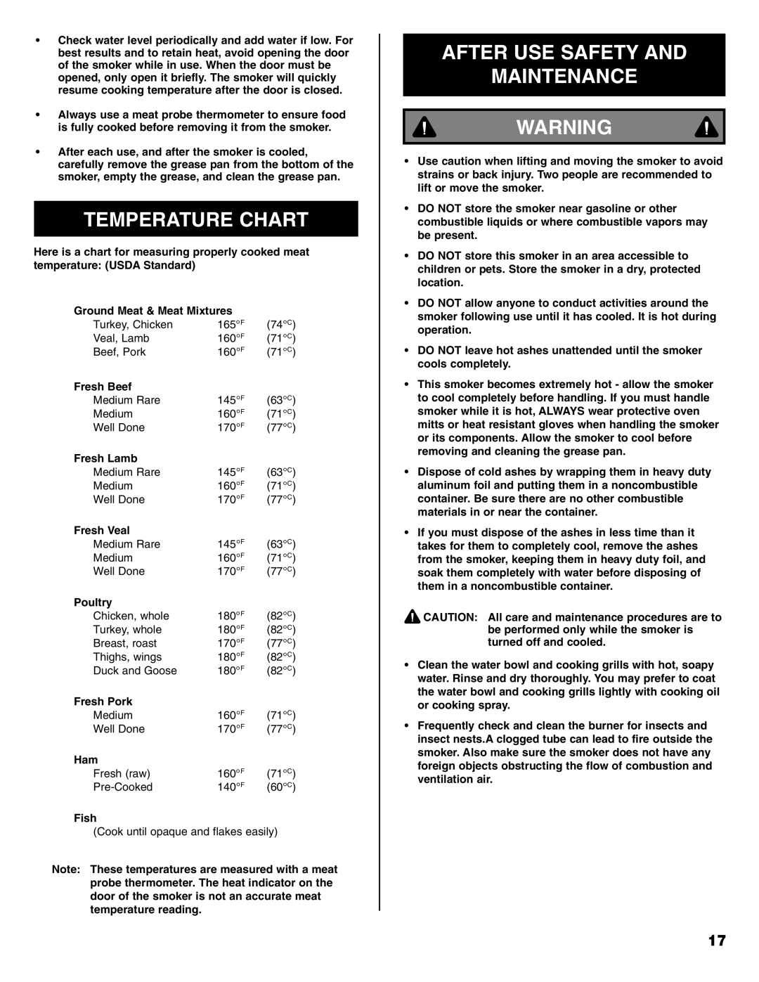 Sears 125.15884800 owner manual Temperature Chart, After USE Safety Maintenance 