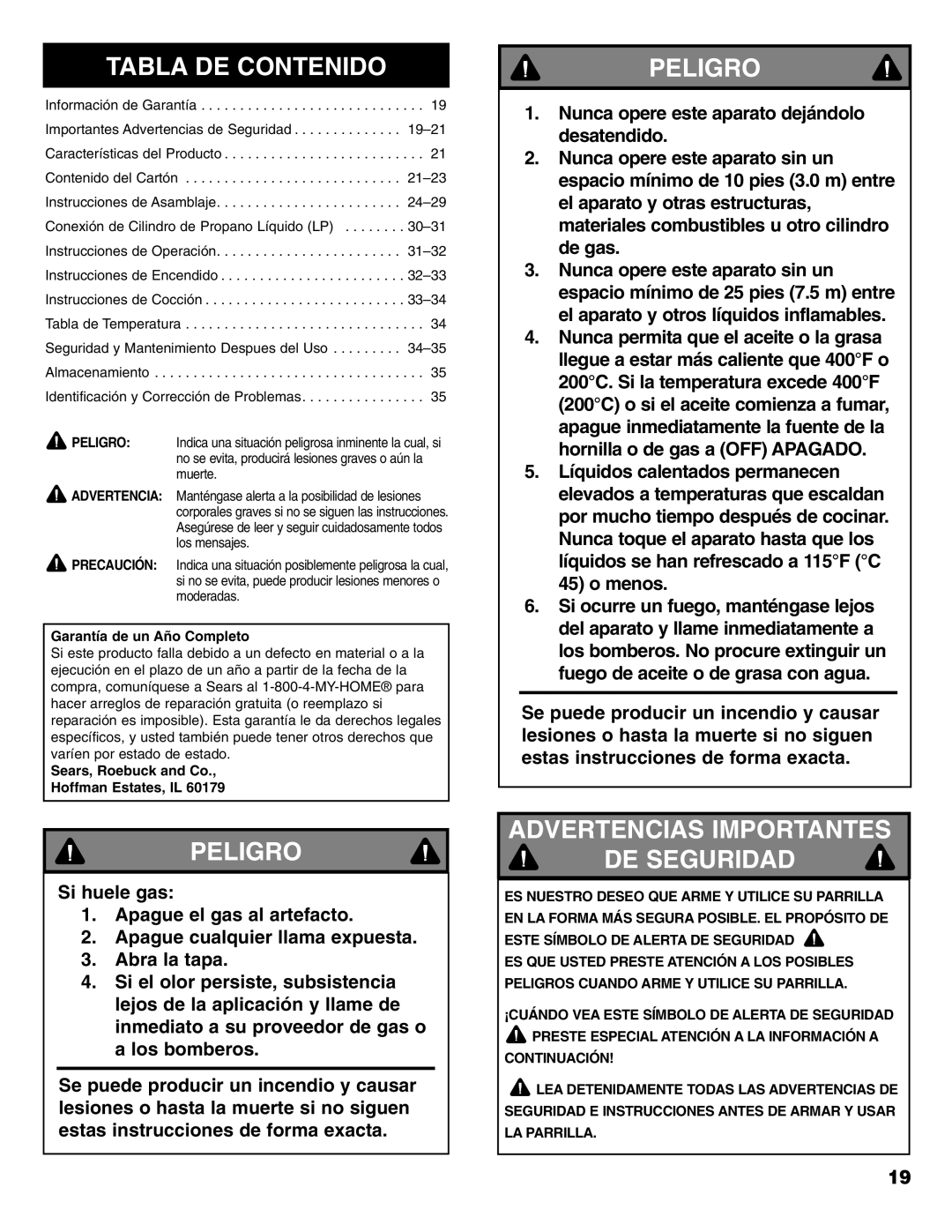 Sears 125.15884800 Tabla DE Contenido, Peligro, Advertencias Importantes DE Seguridad, Garantía de un Año Completo 