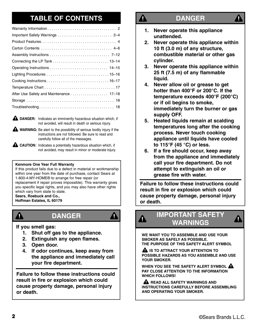 Sears 125.15884800 owner manual Table of Contents, Important Safety 