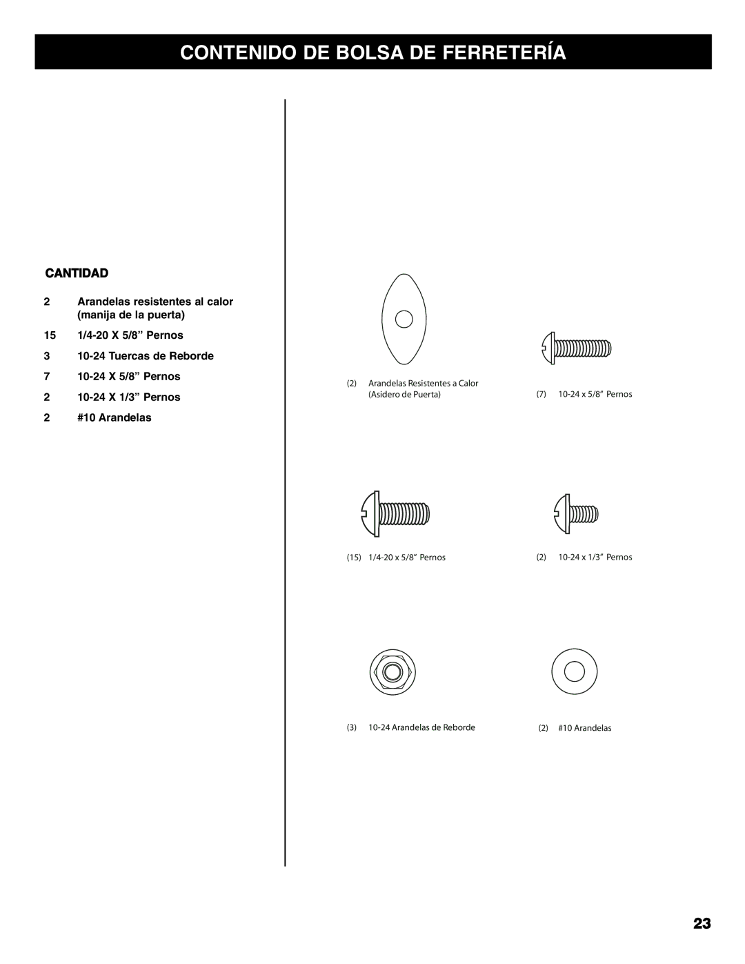 Sears 125.15884800 owner manual Contenido DE Bolsa DE Ferretería, Cantidad 