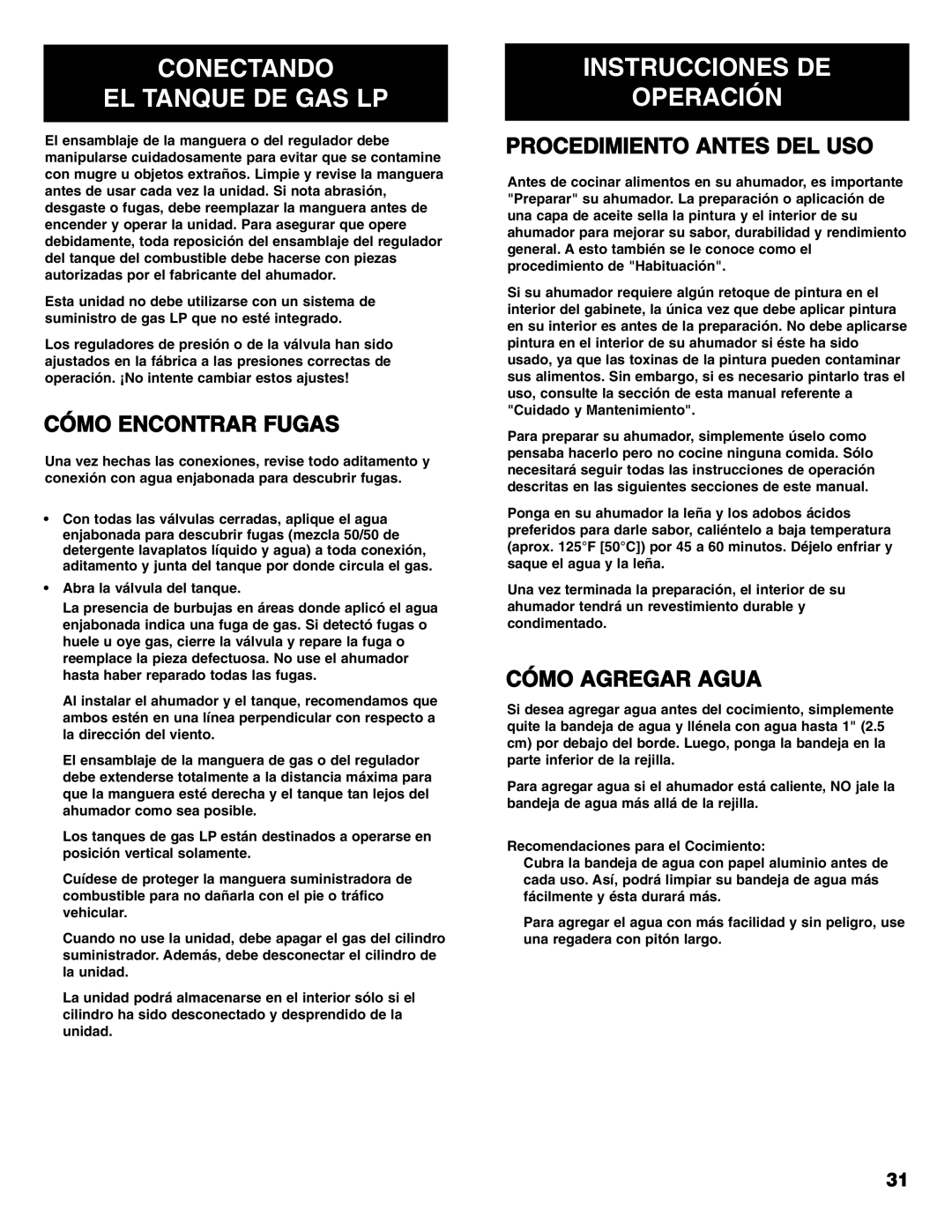 Sears 125.15884800 Conectando EL Tanque DE GAS LP, Instrucciones DE Operación, Cómo Encontrar Fugas, Cómo Agregar Agua 