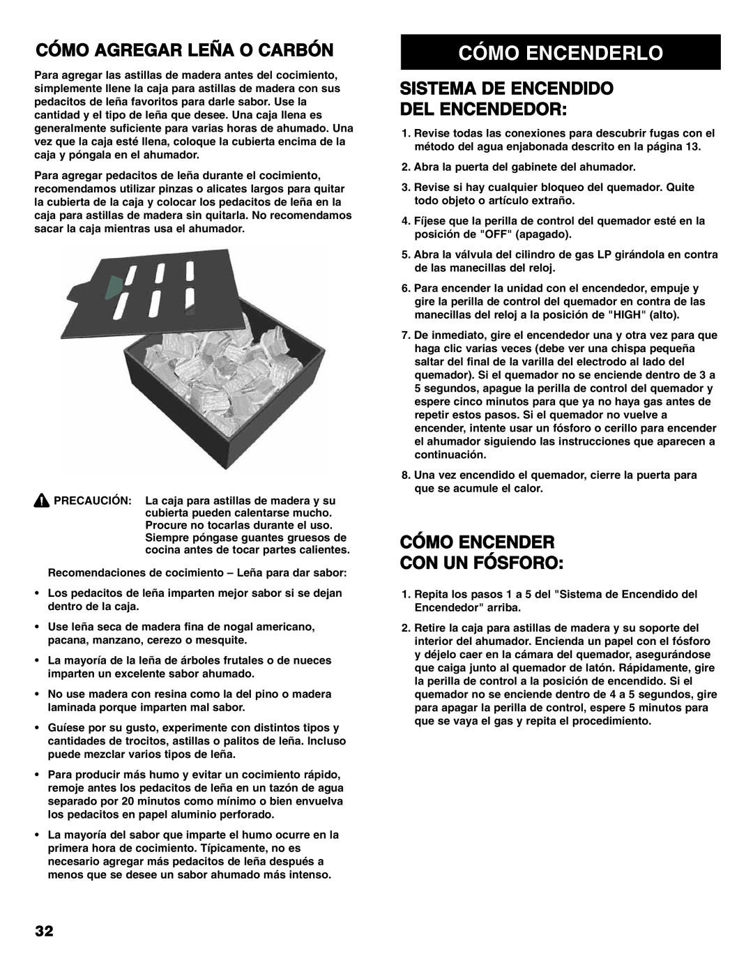 Sears 125.15884800 owner manual Cómo Encenderlo, Cómo Agregar Leña O Carbón, Sistema DE Encendido DEL Encendedor 