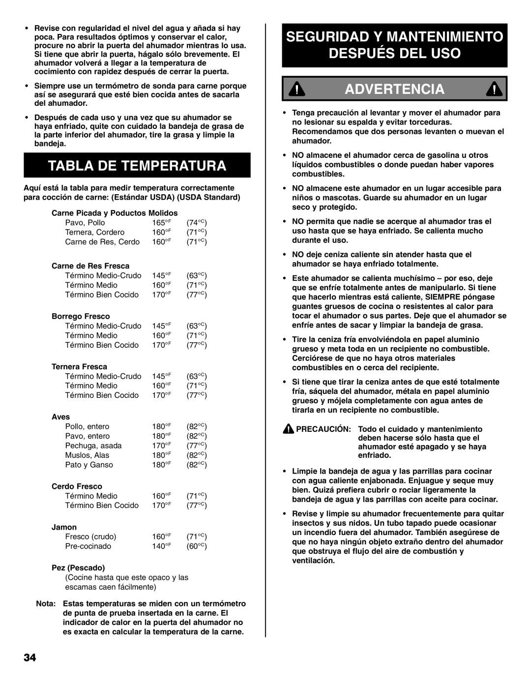 Sears 125.15884800 owner manual Tabla DE Temperatura, Seguridad Y Mantenimiento Después DEL USO Advertencia 