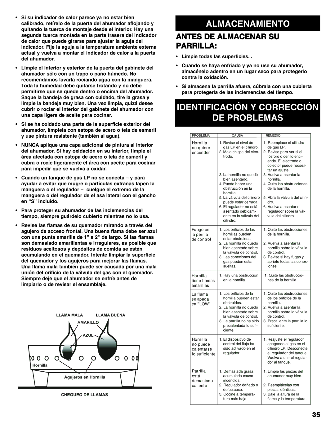 Sears 125.15884800 owner manual Almacenamiento, Identificación Y Corrección DE Problemas, Antes DE Almacenar SU Parrilla 