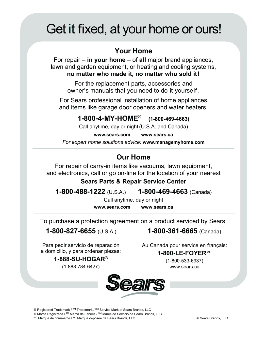 Sears 125.15884800 owner manual Get it fixed, at your home or ours 