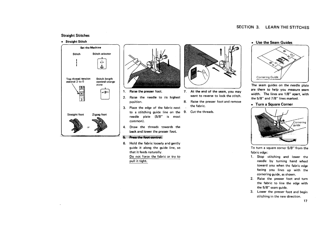 Sears 12681, 12781, 12581, 11682 manual Learn the Stitches, Use the Seam Guides, Turn a Square Corner 