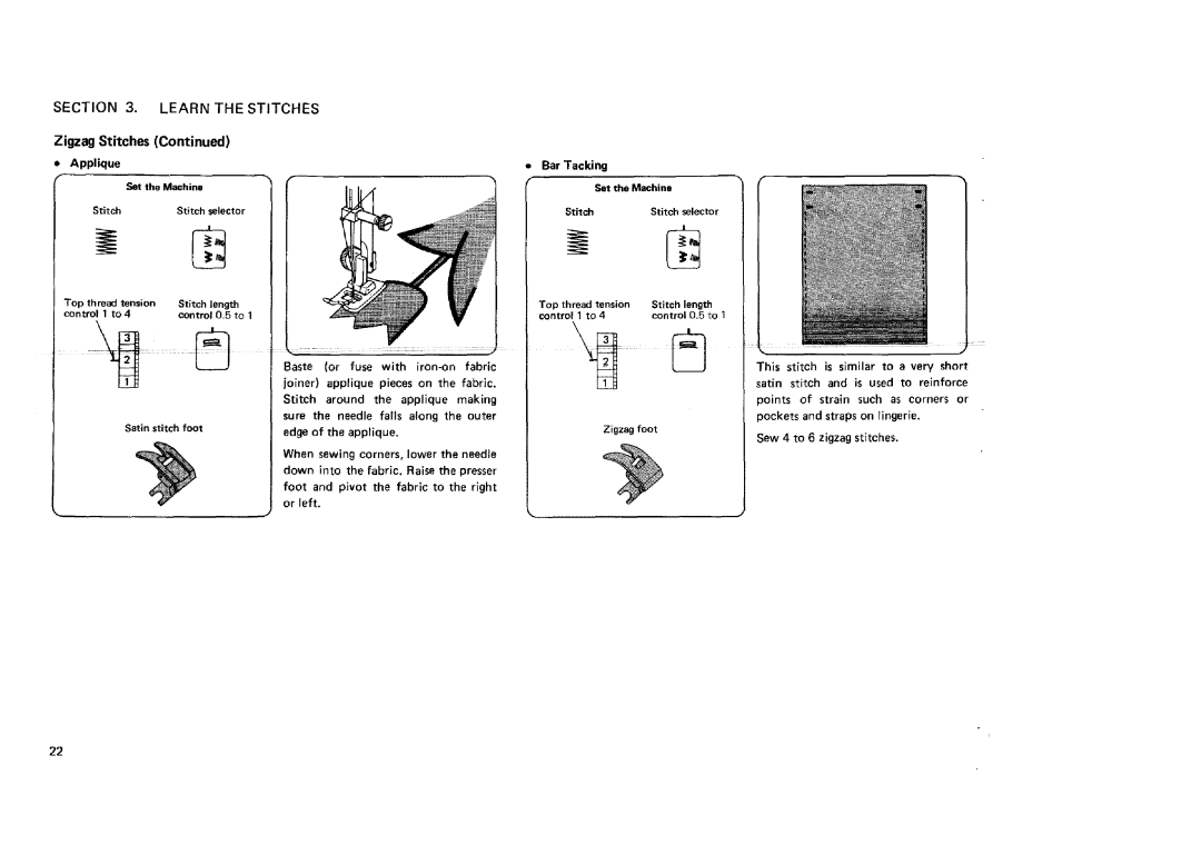 Sears 12581, 12781, 12681, 11682 manual Zigzag Stitches Applique, Bar Tacking, Sew 4 to 6 zigzag stitches 