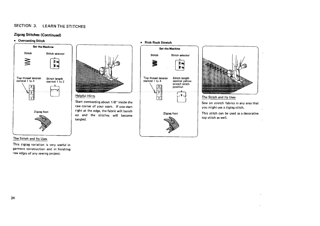 Sears 12781, 12681, 12581, 11682 manual Section Learn Stitches, Zigzag Stitches Overcasting Stitch Rick-Rack Stretch 
