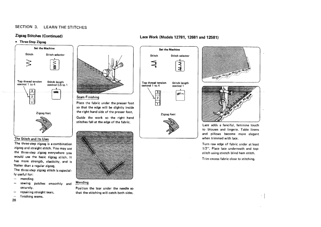 Sears 12581, 11682 manual Zigzag Stitches, Lace Work Models 12781, 12681, Three-Step Zigzag, Stitch and Its Uses 