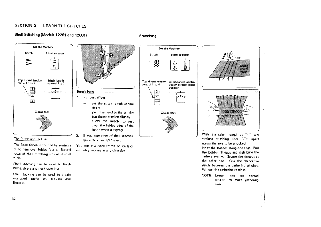 Sears 12681, 12581, 11682 manual Shell Stitching Models 12781 Smocking, Set the Machine Stitch Stitch selector 