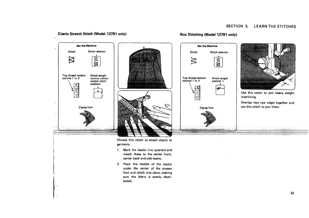 Sears 12681, 12581, 11682 manual Elastic Stretch Stitch Model 12781 only, Box Stitching Model 12781 only, Position 