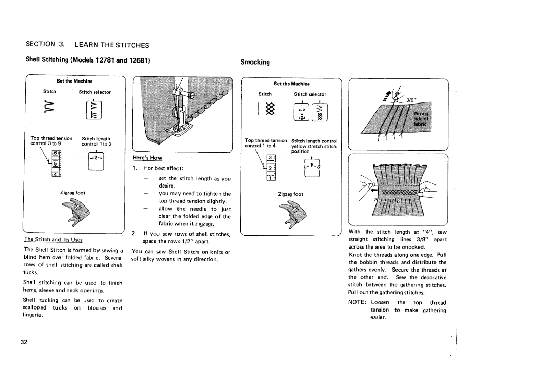 Sears 12681, 12581, 11682 manual Shell Stitching Models 12781 and, Smocking, Learn The Stitches 
