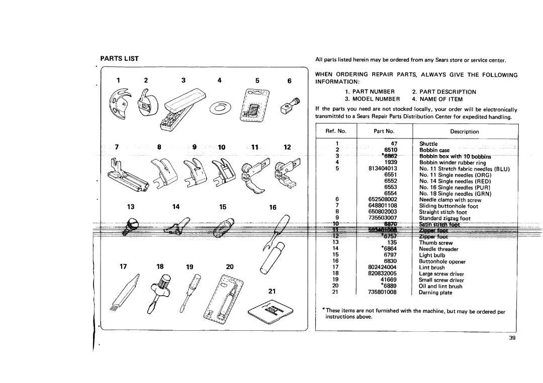 Sears 11682, 12781, 12681, 12581 manual bbin case, Parts, List, 6st0, 1939 