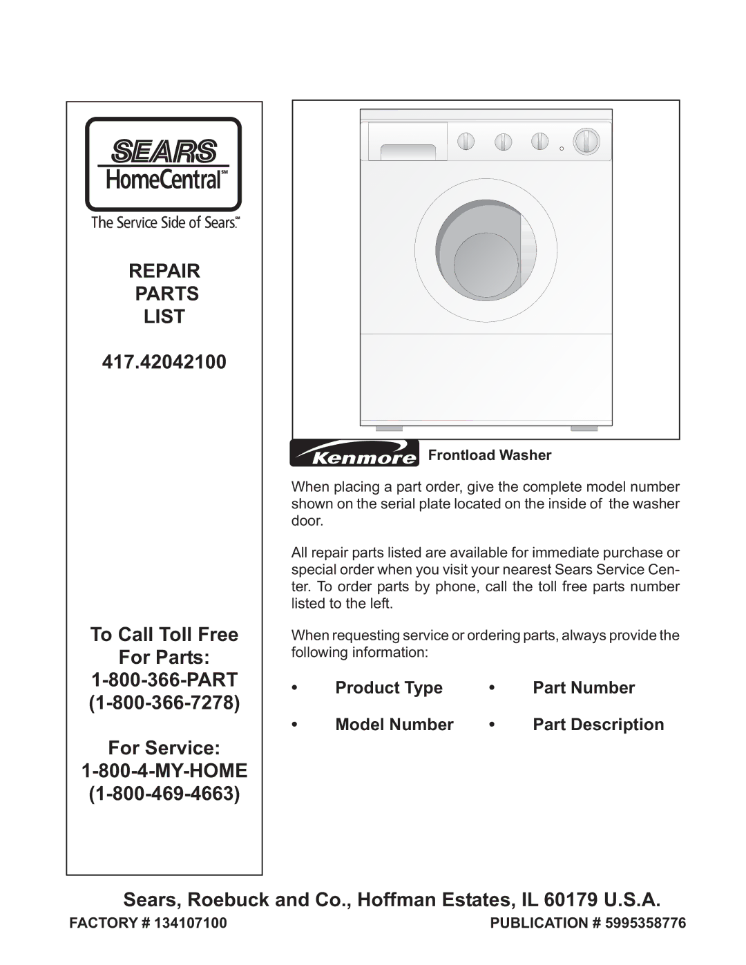 Sears 5995358776, 134107100, 417.42042100 manual Repair Parts List 