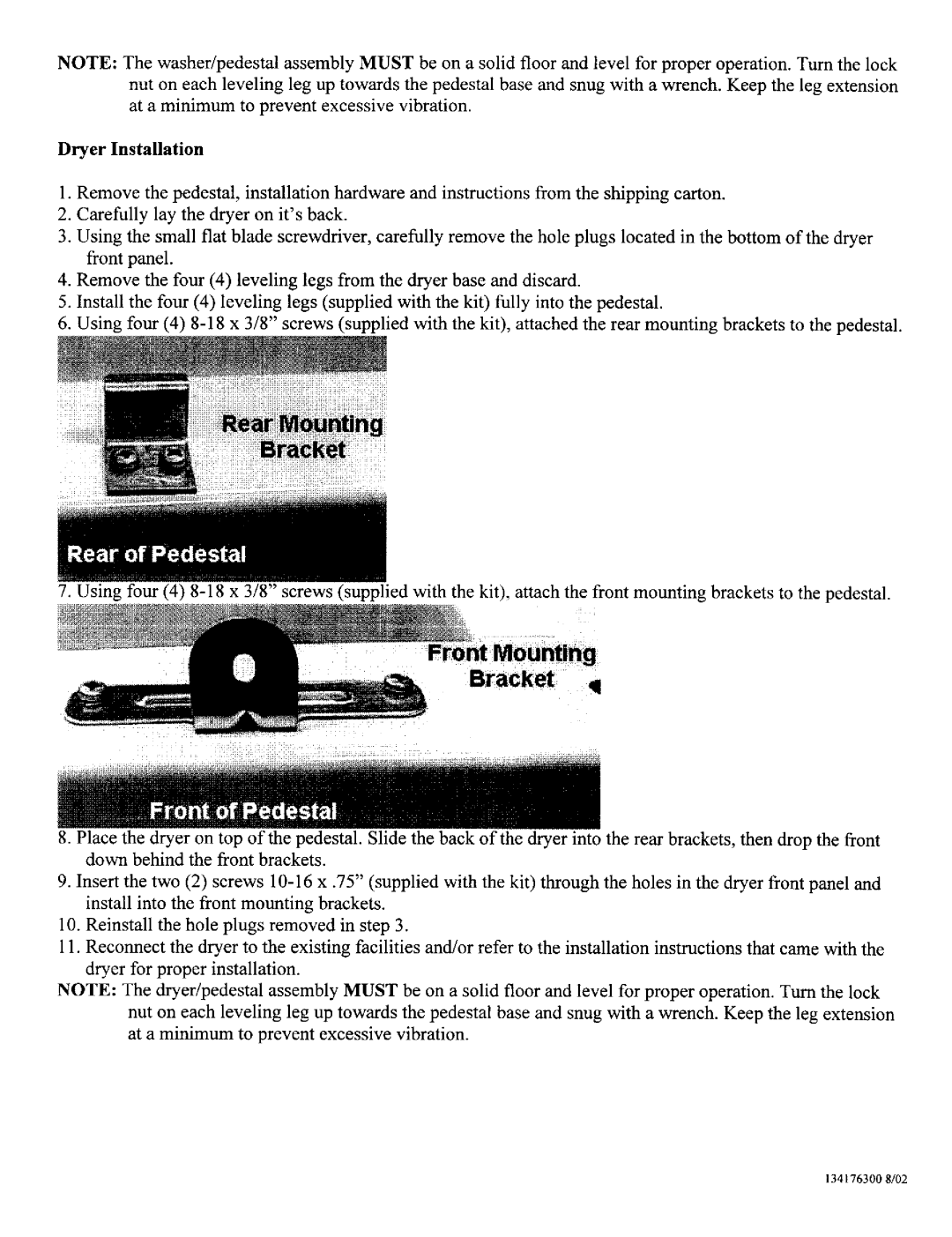 Sears 134176300 installation instructions Bracket, Dryer Installation 