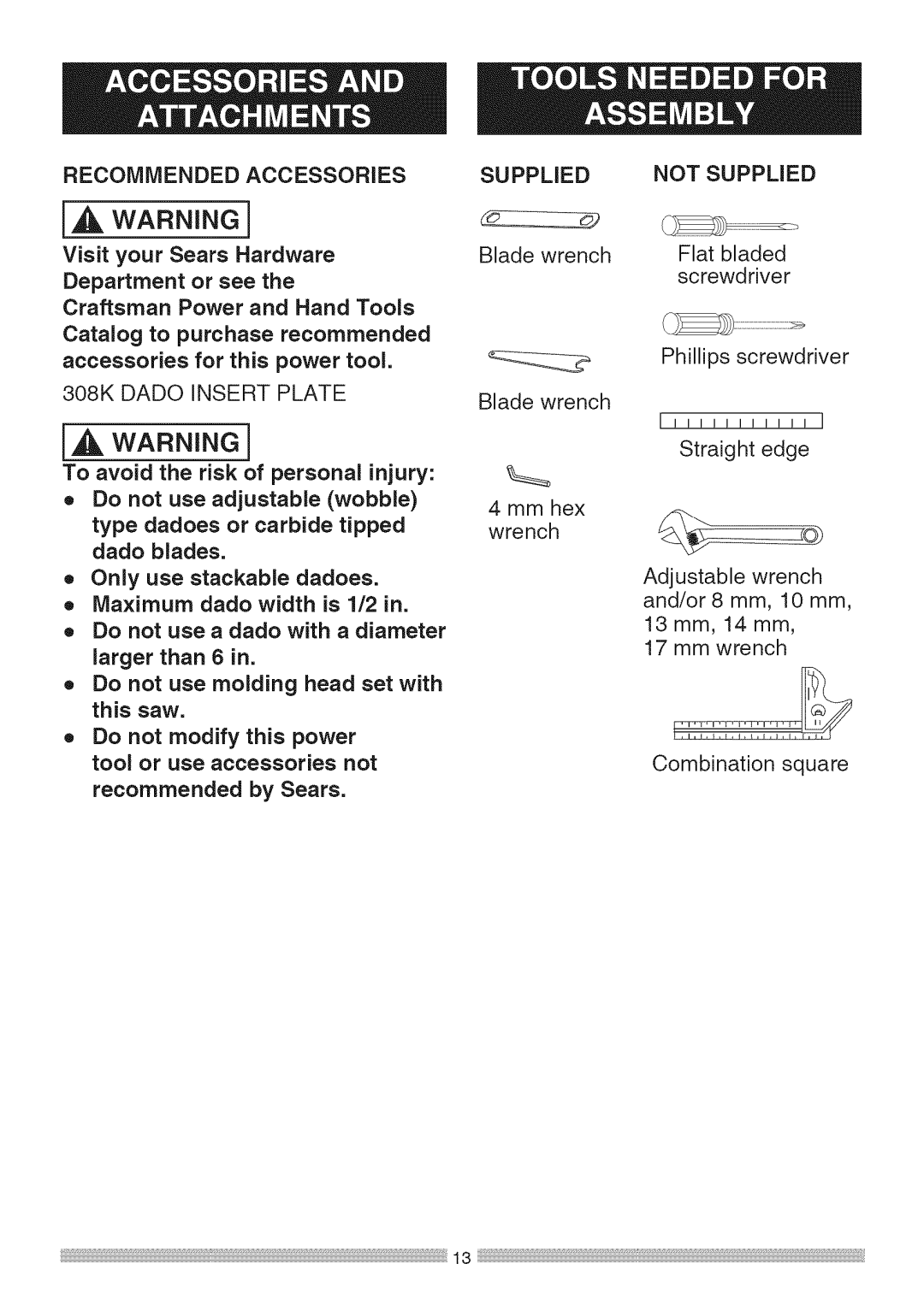 Sears 137.28463 operating instructions Recommended Accessories, 308K Dado Insert Plate, Supplied not Supplied 