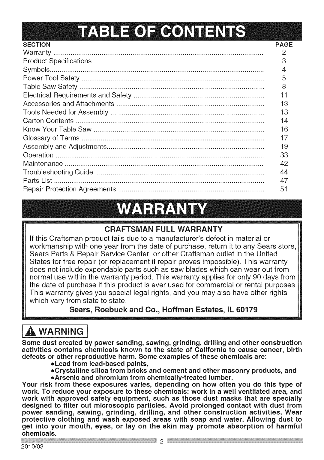 Sears 137.28463 operating instructions Section 