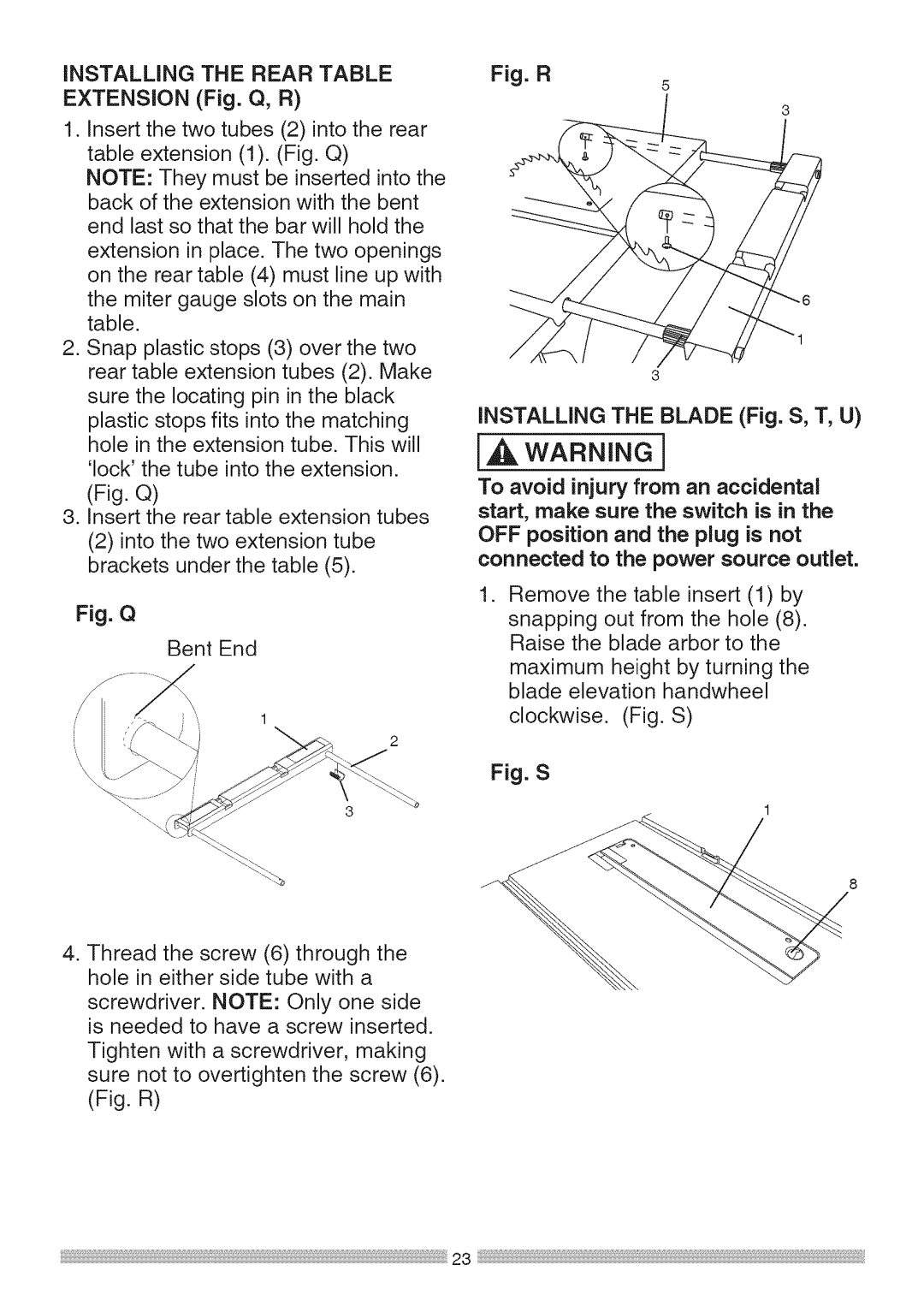 Sears 137.28463 operating instructions Installing the Rear Table, Fig. Q 