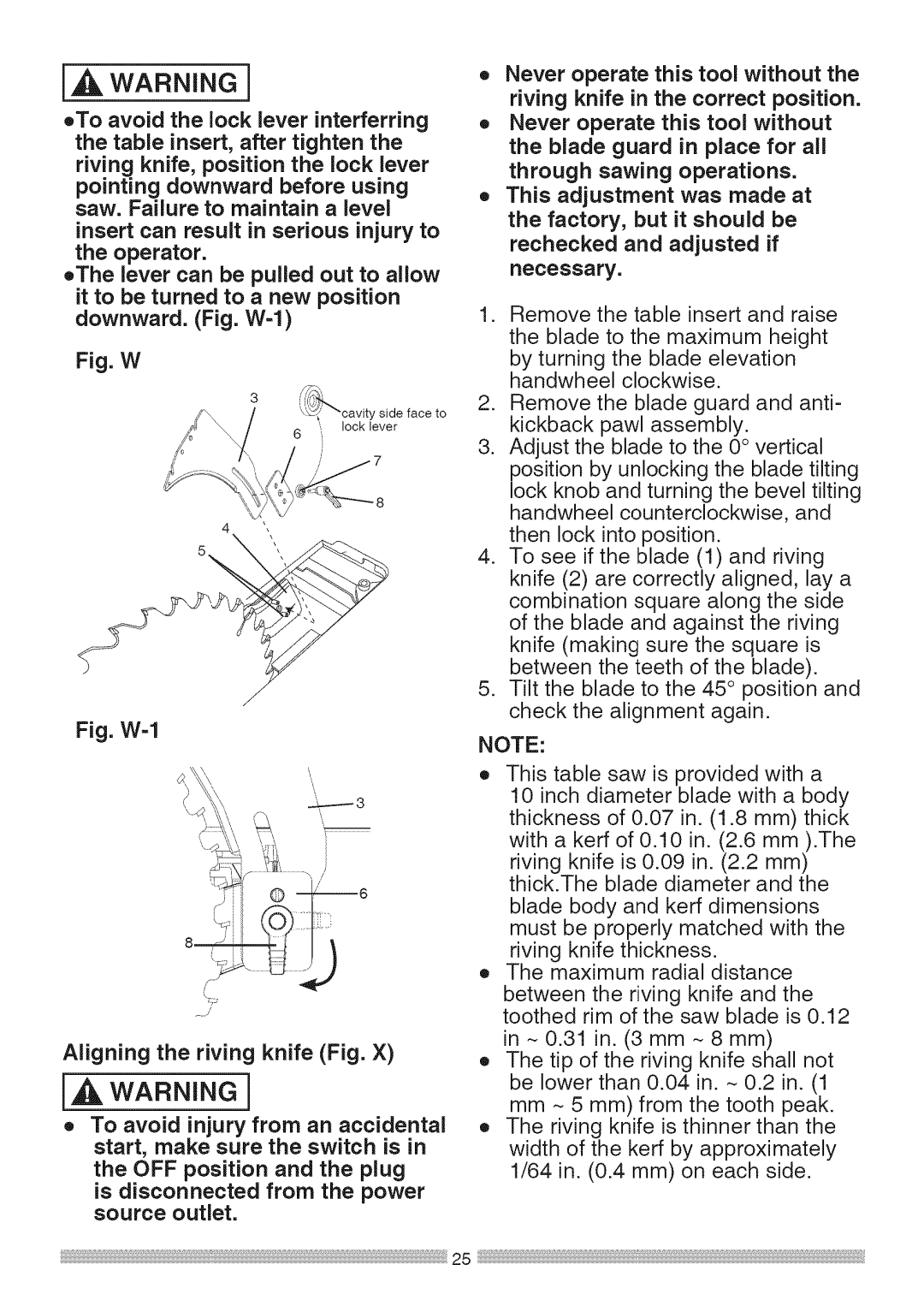 Sears 137.28463 operating instructions Fig. W 