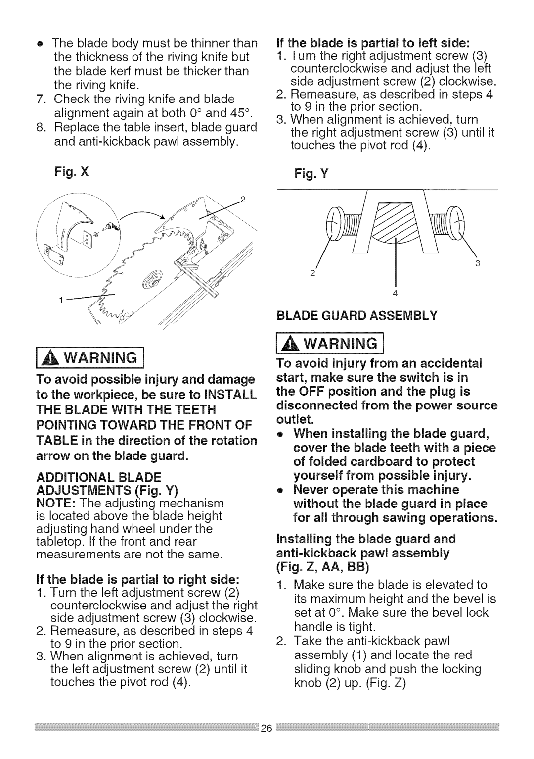 Sears 137.28463 Blade Guard Assembly, Additional Blade, Adjustments Fig. Y, Anti=kickback pawl assembly Fig. Z, AA, BB 