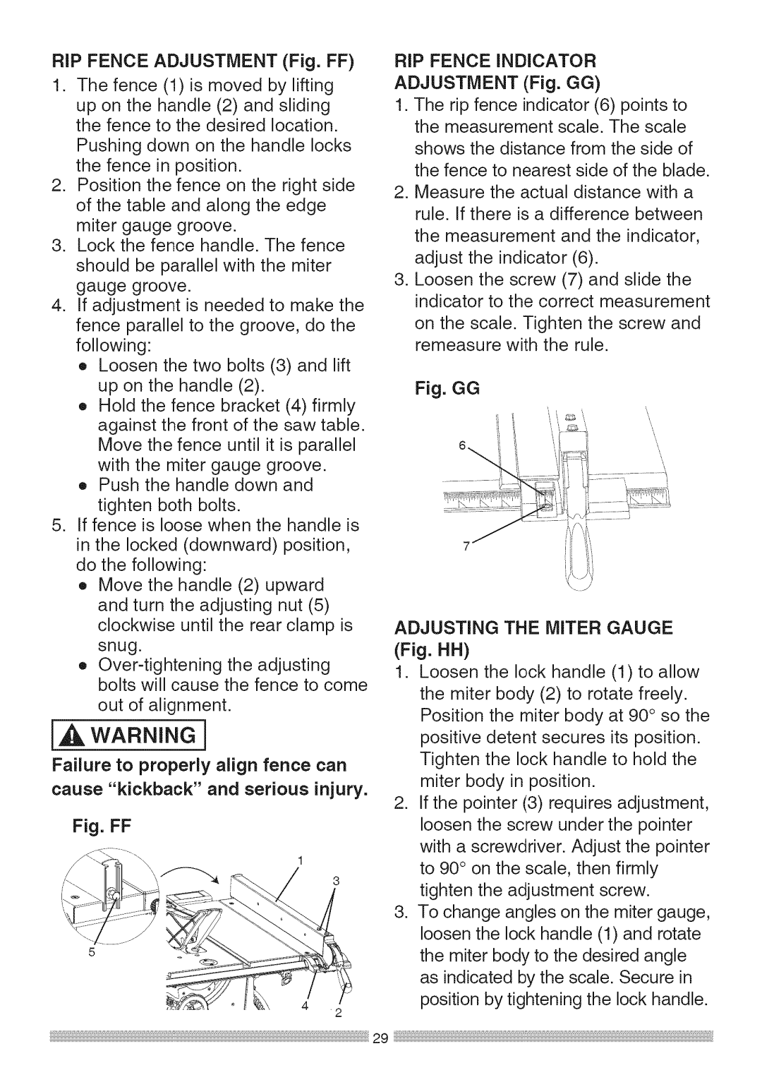 Sears 137.28463 operating instructions RiP Fence Adjustment Fig. FF, Adjusting the Miter Gauge 