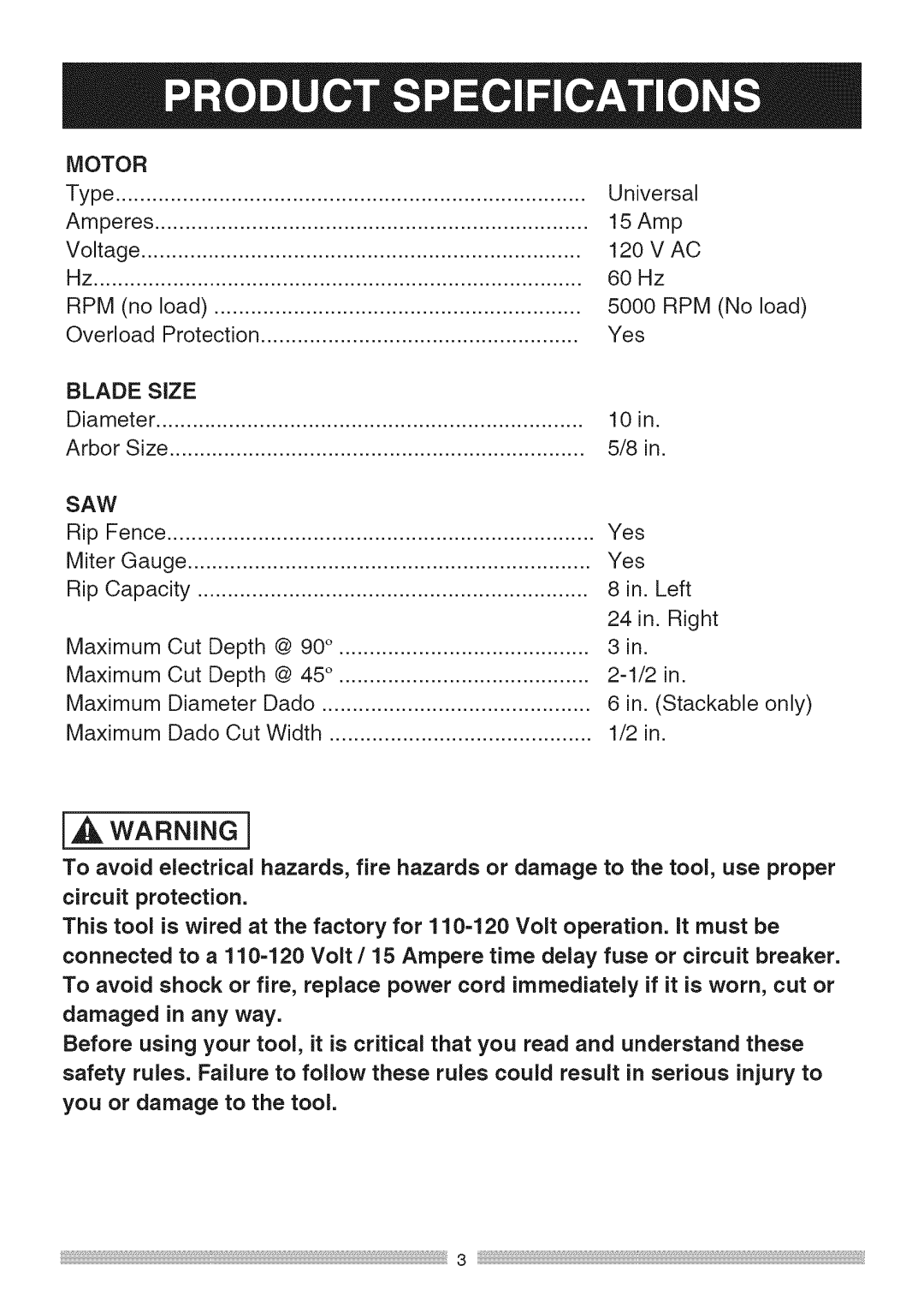 Sears 137.28463 operating instructions Motor, Blade Size, Saw 