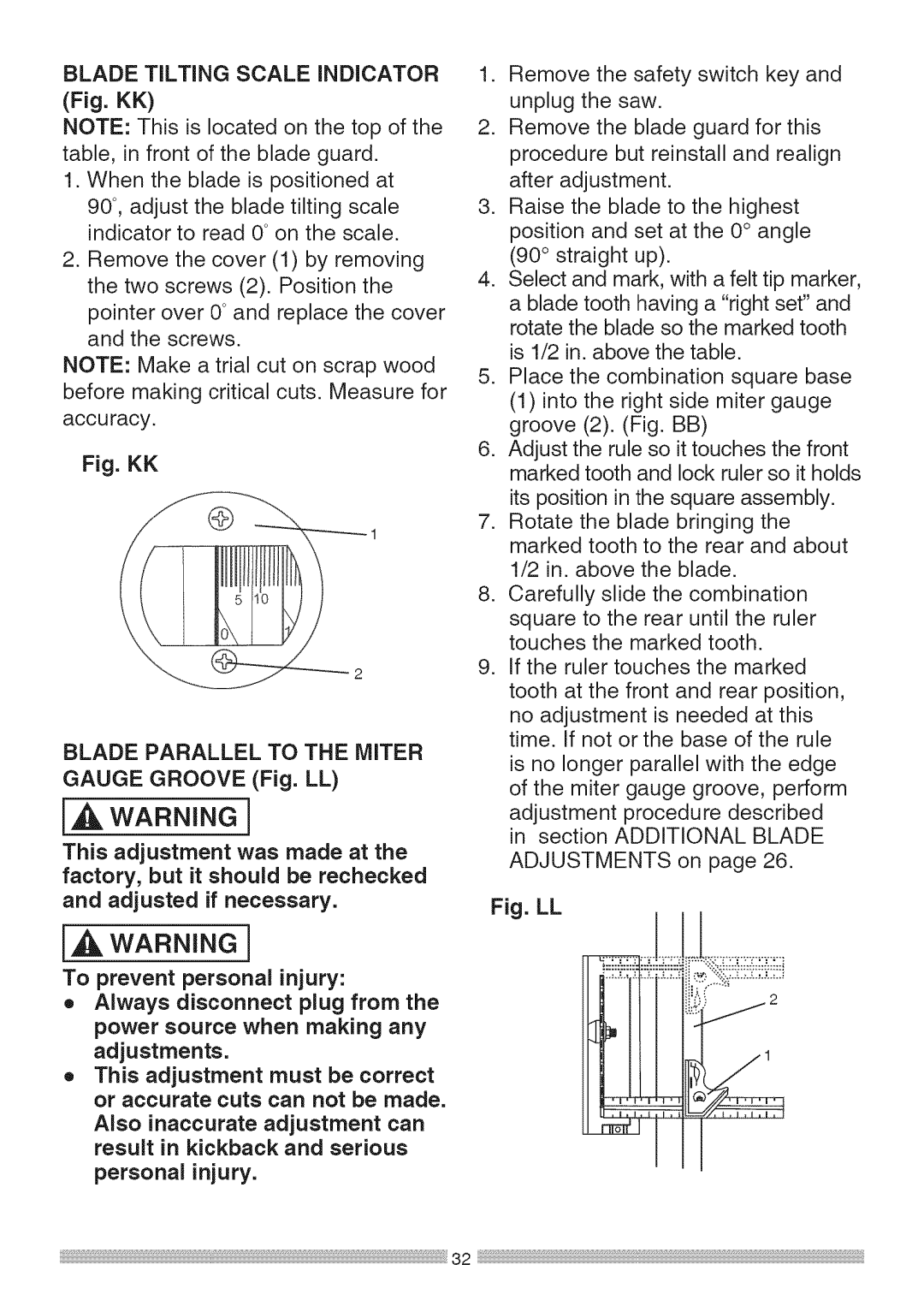 Sears 137.28463 BLADETiLTiNG Scale iNDiCATOR, To prevent personal injury, Power source when making any adjustments 