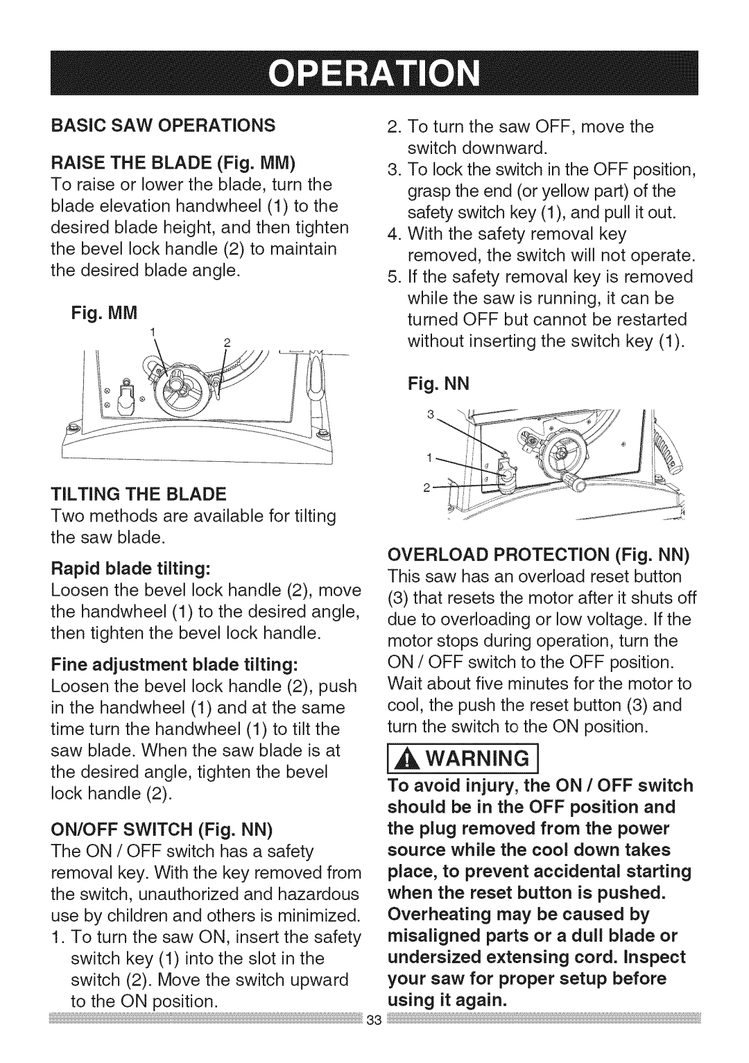 Sears 137.28463 operating instructions Basic SAW Operations, Tilting the Blade, ON/OFF Switch Fig. NN 