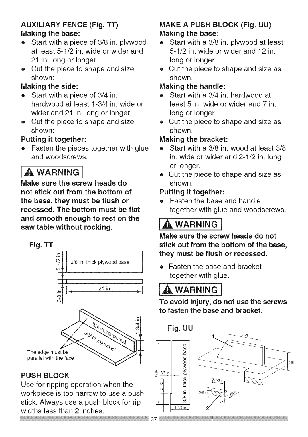 Sears 137.28463 operating instructions Auxiliary Fence Fig. TT, Make a Push Block Fig. UU Making the base 