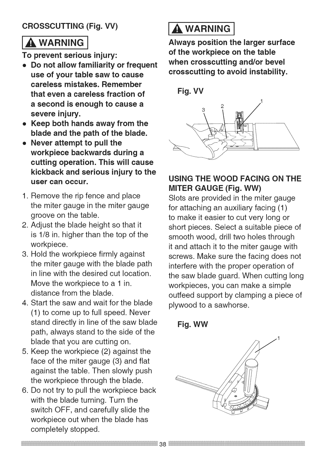 Sears 137.28463 operating instructions To prevent serious injury, Fig. WW 