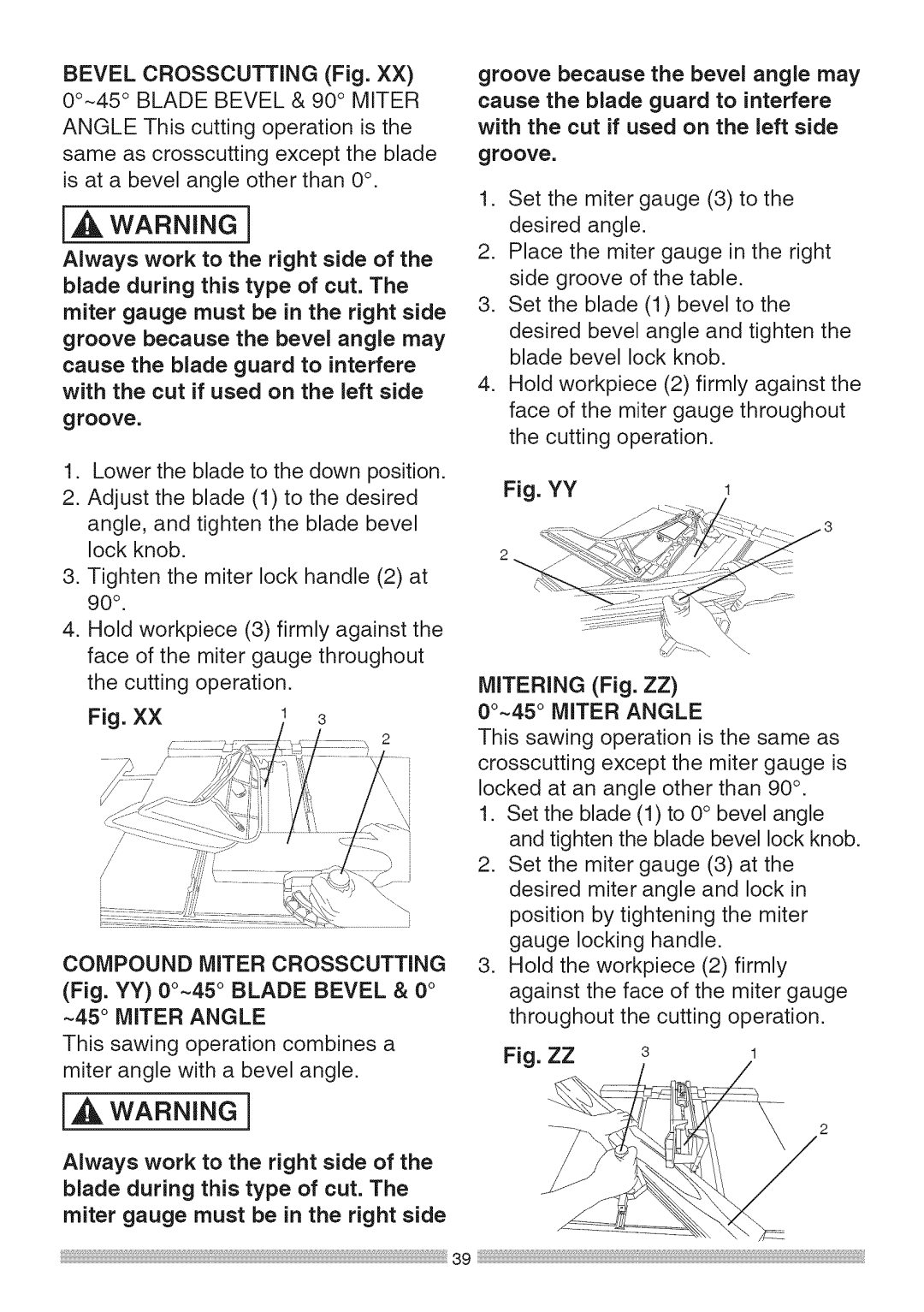 Sears 137.28463 operating instructions Compound Miter Crosscutting, MiTERiNG Fig. ZZ, 00~45 Miter Angle 