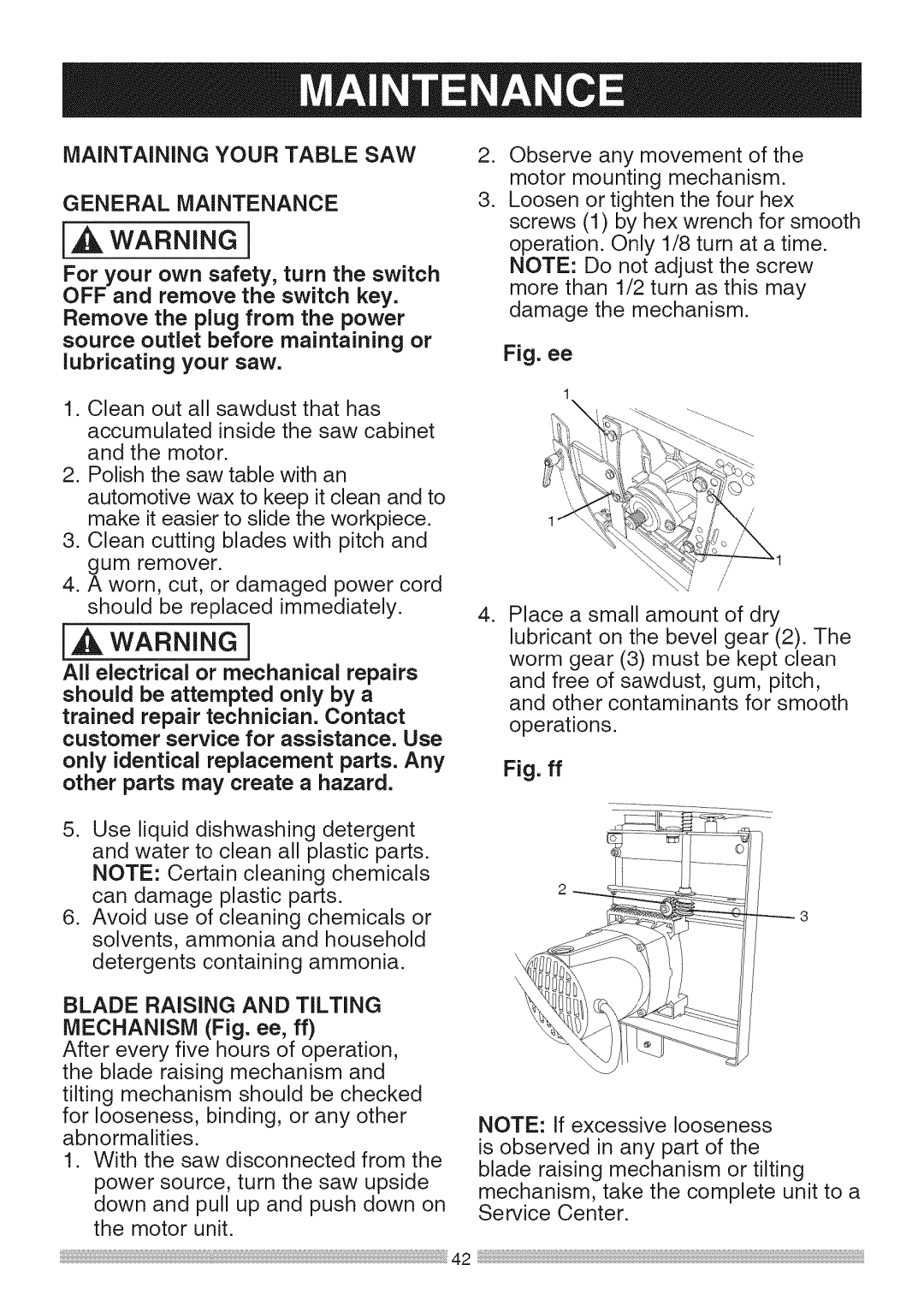 Sears 137.28463 Maintaining Your Table SAW General Maintenance, Blade Raising and Tilting, Mechanism Fig. ee, ff 