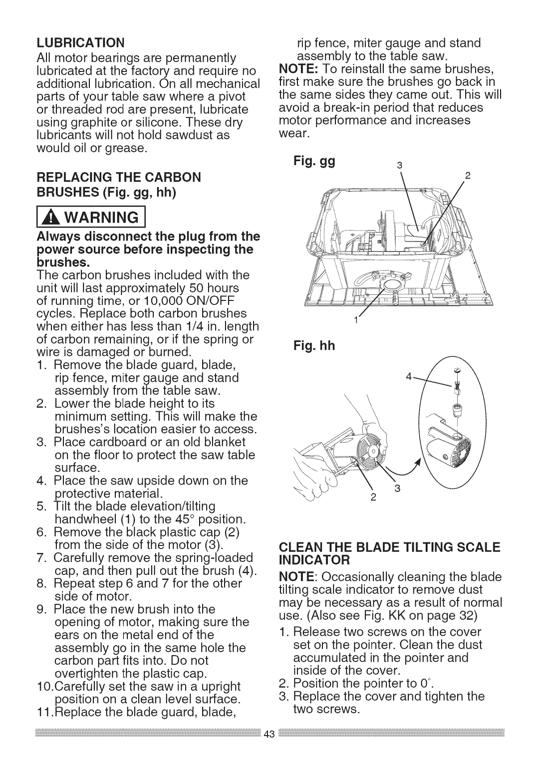 Sears 137.28463 operating instructions LUBRiCATiON, Replacing the Carbon, Clean the Blade Tilting Scale Indicator 