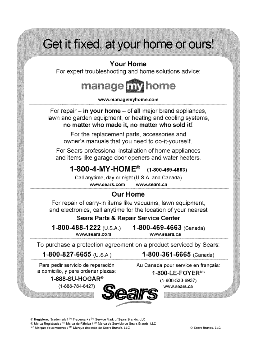 Sears 137.28463 operating instructions OurHome, Wv sears,tom Wvvv.sears.ca 