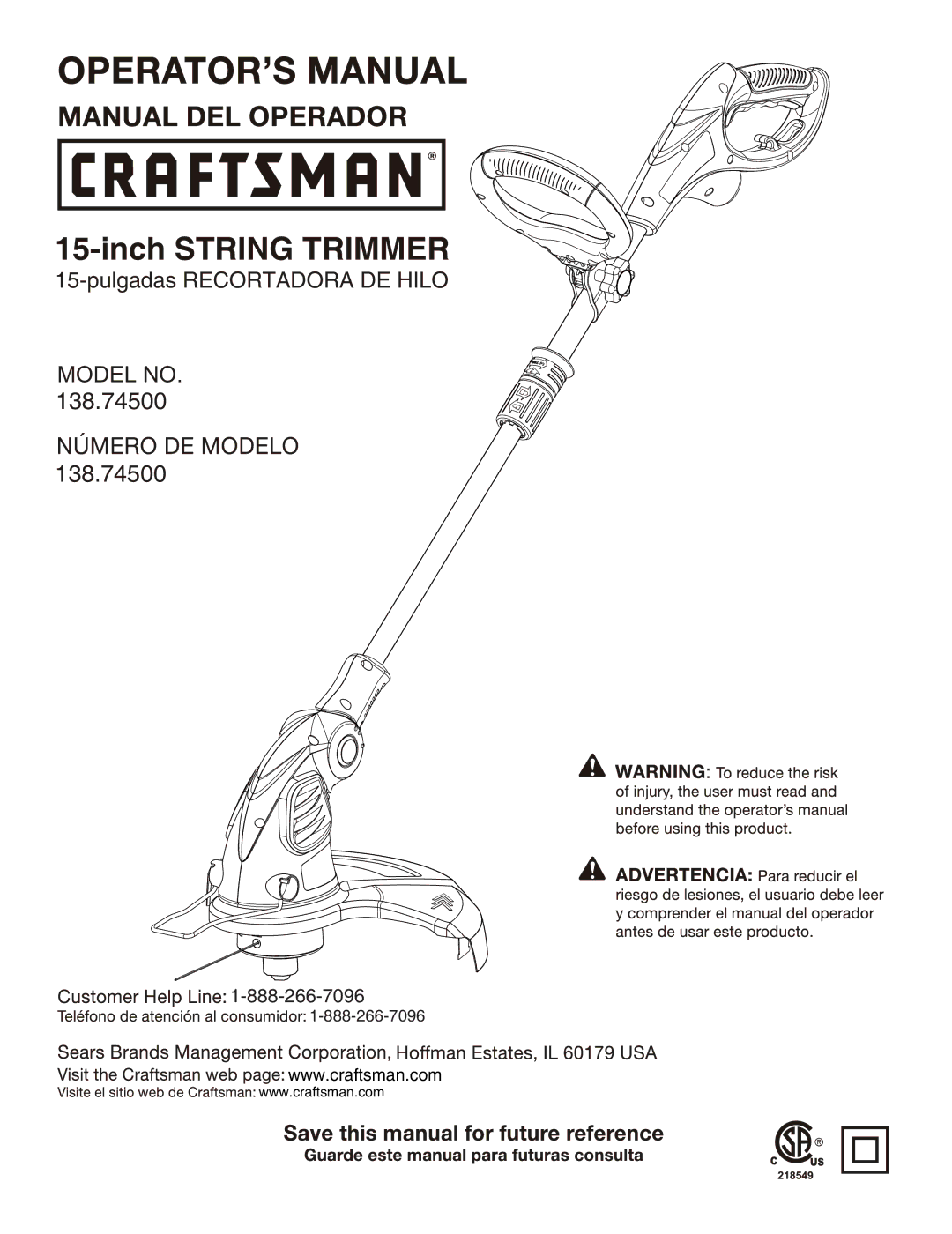 Sears 138.745 manual Inch String Trimmer 