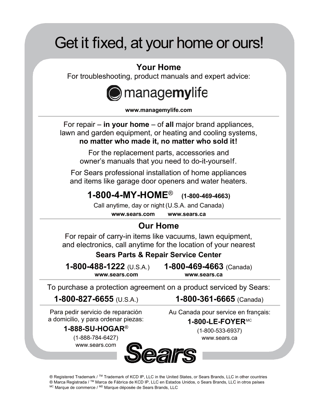 Sears 138.745 manual Get it fixed, at your home or ours 