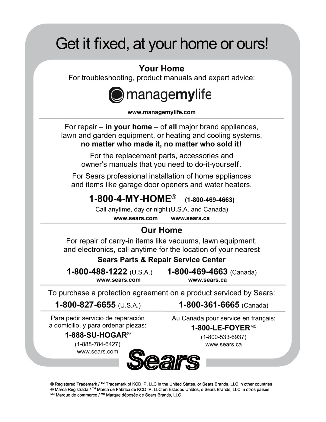 Sears 138.745 manual Get it fixed, at your home or ours, Your Home, Our Home, Sears Parts & Repair Service Center, Su-Hogar 