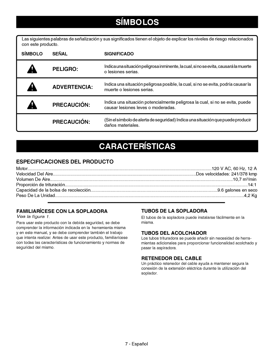 Sears 138.74899 manual Características, Símbolos, Peligro, Advertencia, Precaución, Especificaciones Del Producto, Señal 