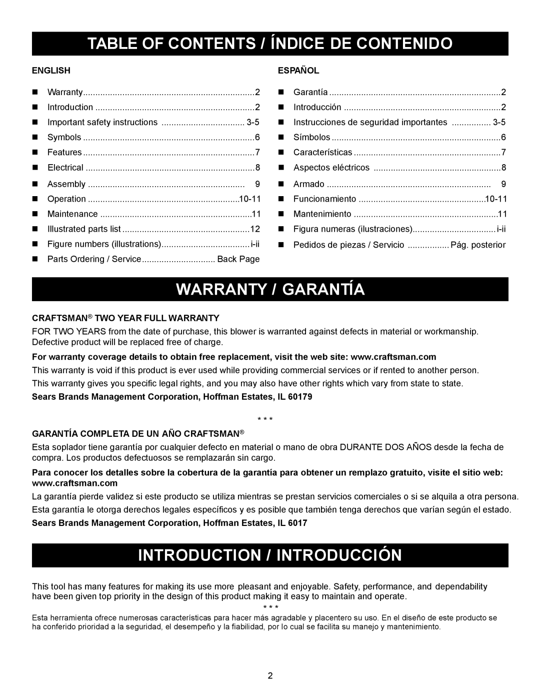 Sears 138.74899 manual Table Of Contents / Índice De Contenido, Warranty / Garantía, Introduction / Introducción, English 