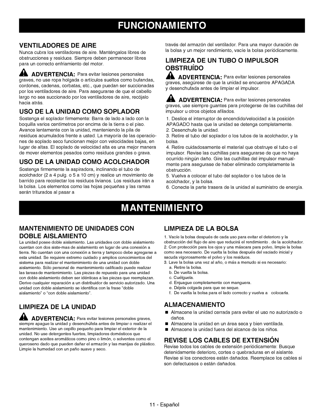 Sears 138.74899 Mantenimiento, Funcionamiento, Ventiladores De Aire, Uso De La Unidad Como Soplador, Limpieza De La Bolsa 