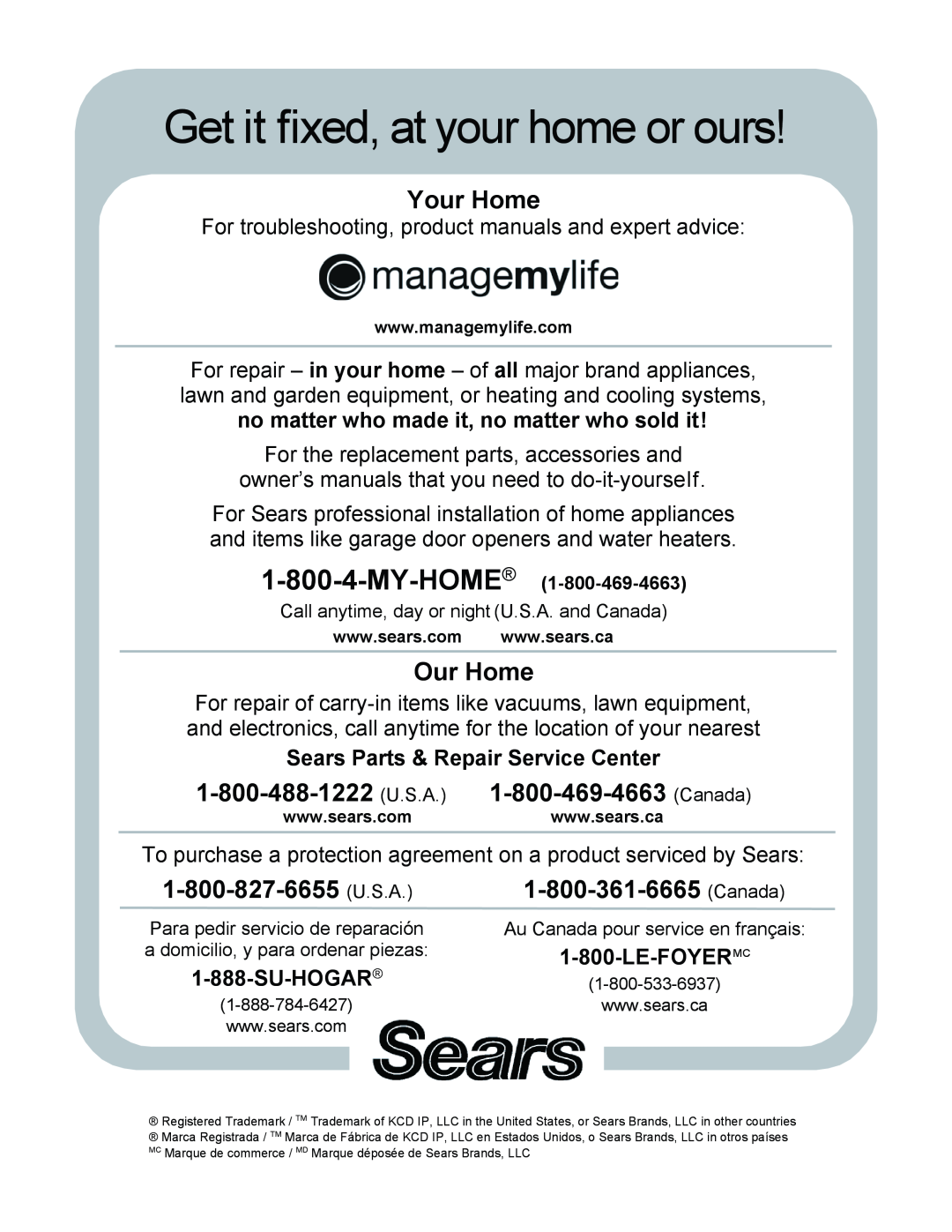 Sears 138.74899 Get it fixed, at your home or ours, Your Home, Our Home, Sears Parts & Repair Service Center, Su-Hogar 