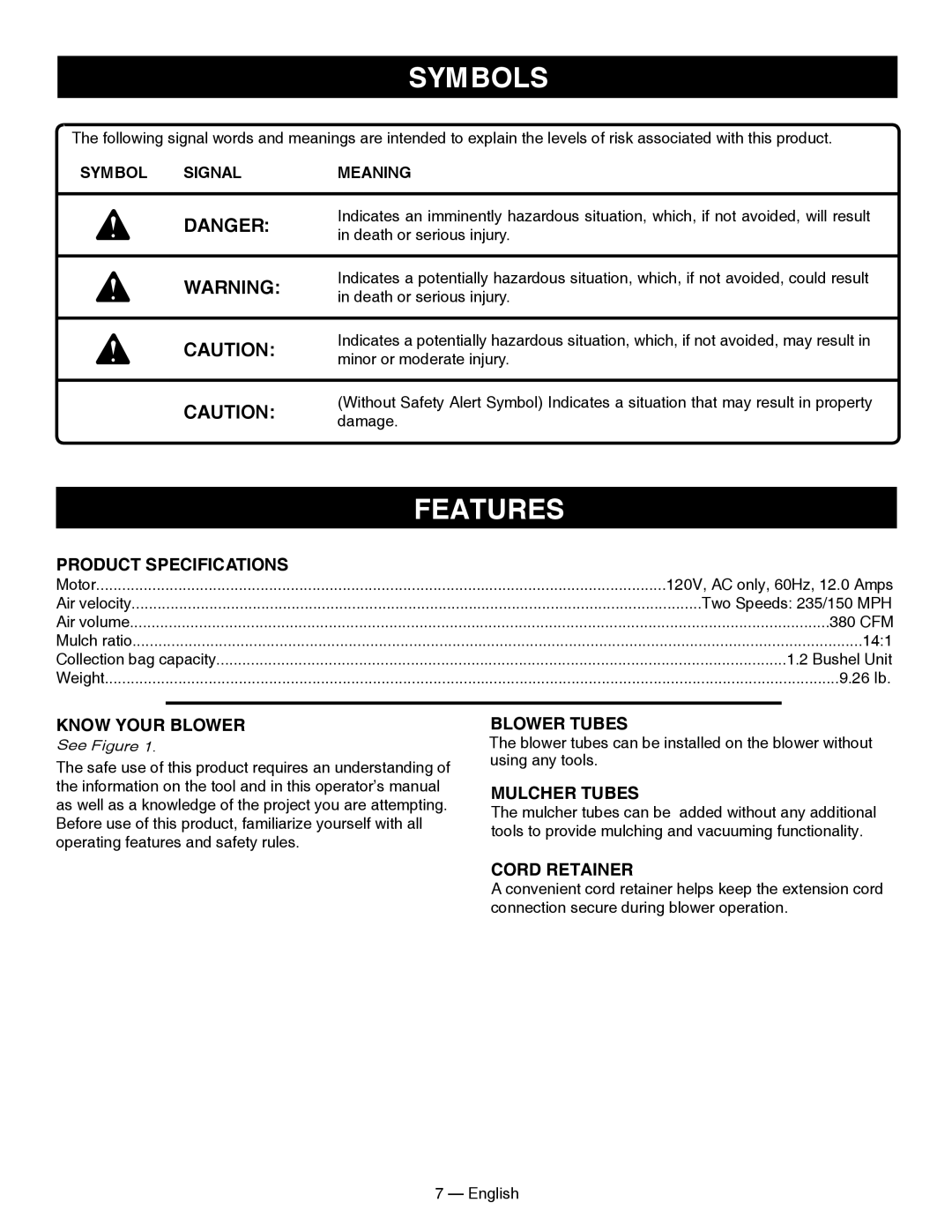 Sears 138.74899 Features, Symbols, Danger, Product Specifications, Know Your Blower, Blower Tubes, Mulcher Tubes, Signal 