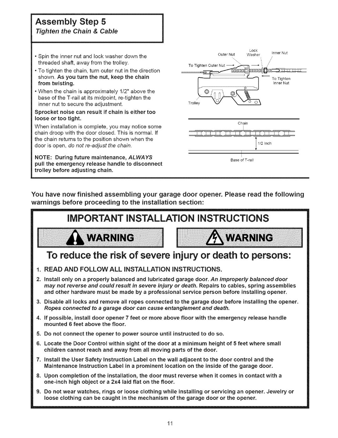 Sears 139.53535SRT1 To reduce the risk of severe injury or death to persons, Tighten the Chain & Cable 