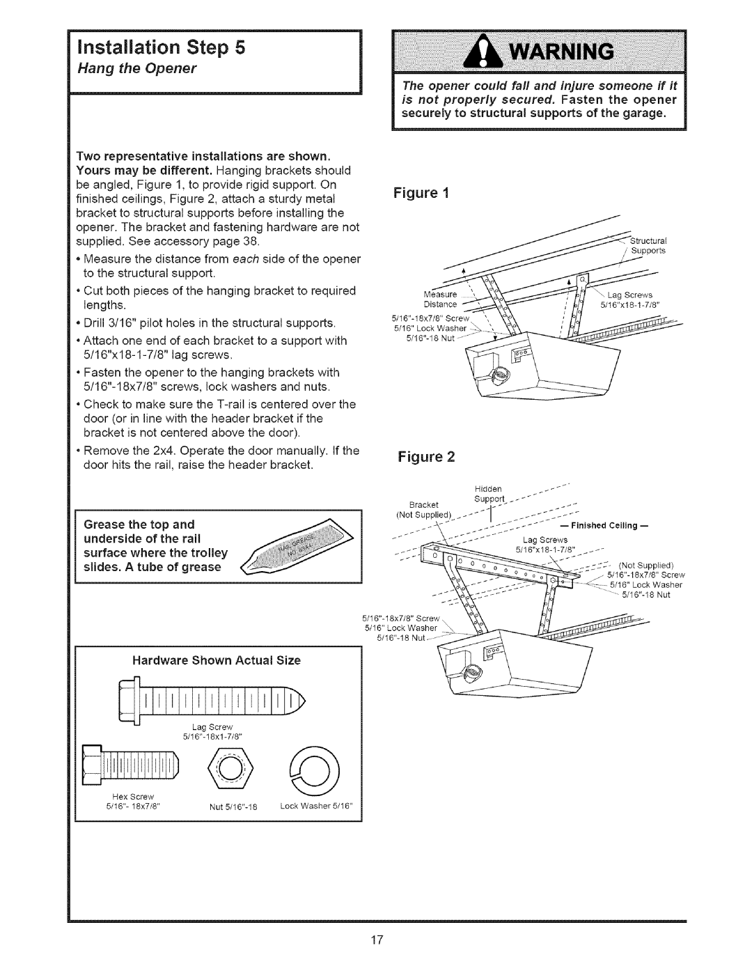 Sears 139.53535SRT1 operating instructions Hang the Opener, Underside of the rail 