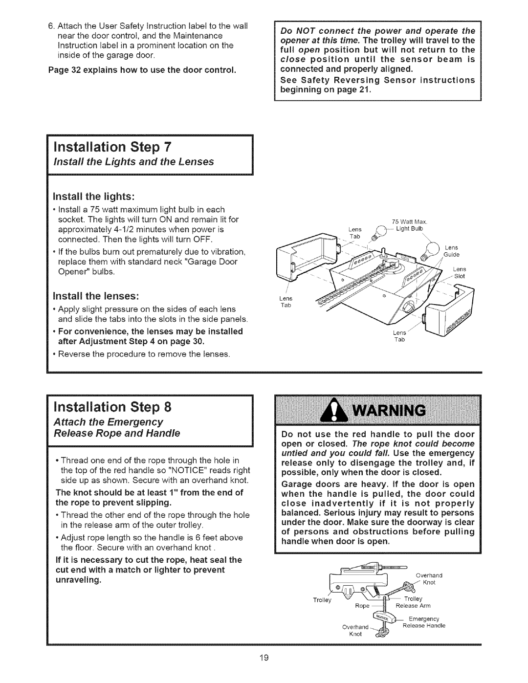 Sears 139.53535SRT1 Instafl the Lights and the Lenses, Install the lights, Install the lenses, Attach the Emergency 