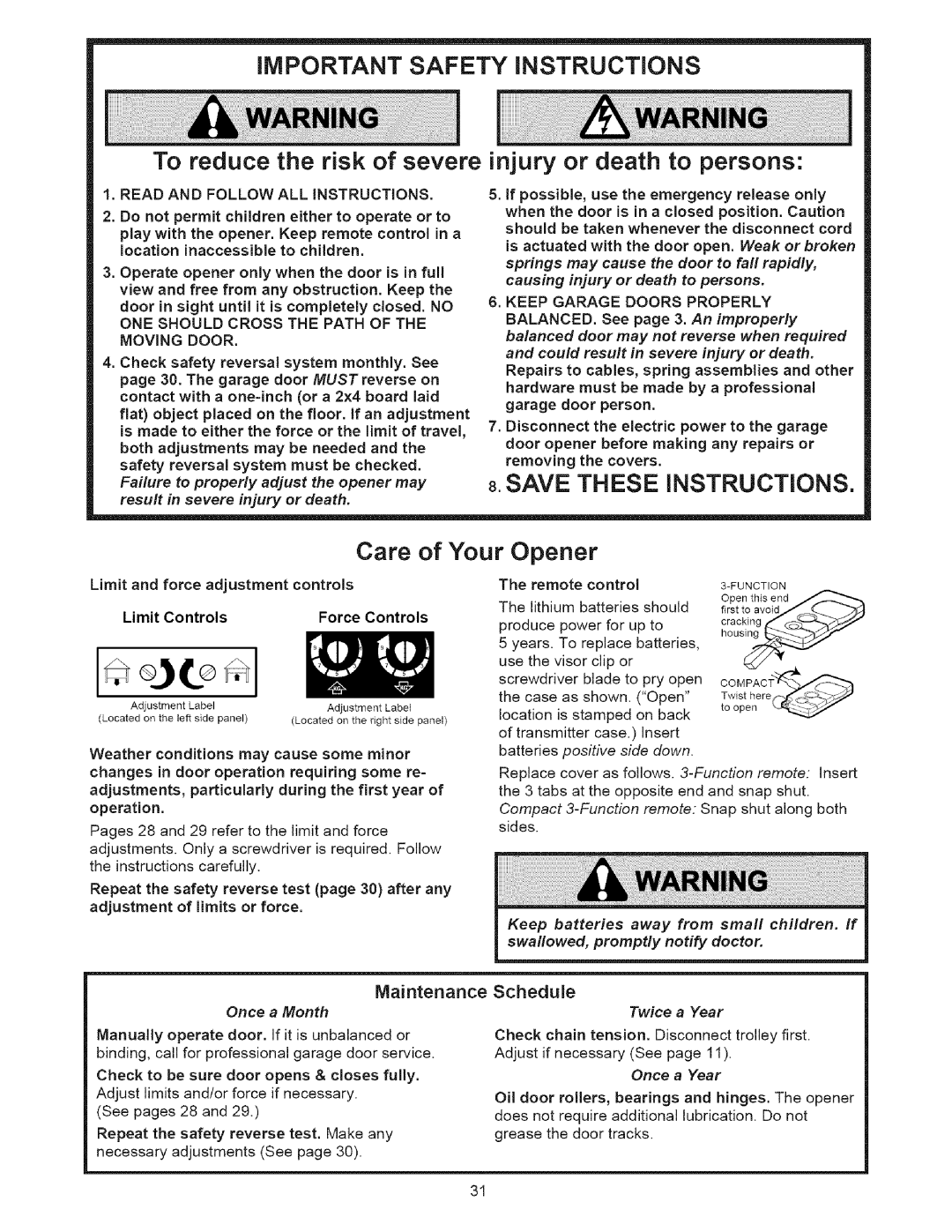 Sears 139.53535SRT1 IMPORTANT Safety iNSTRUCTiONS To reduce the risk of severe, Injury or death to persons, Maintenance 