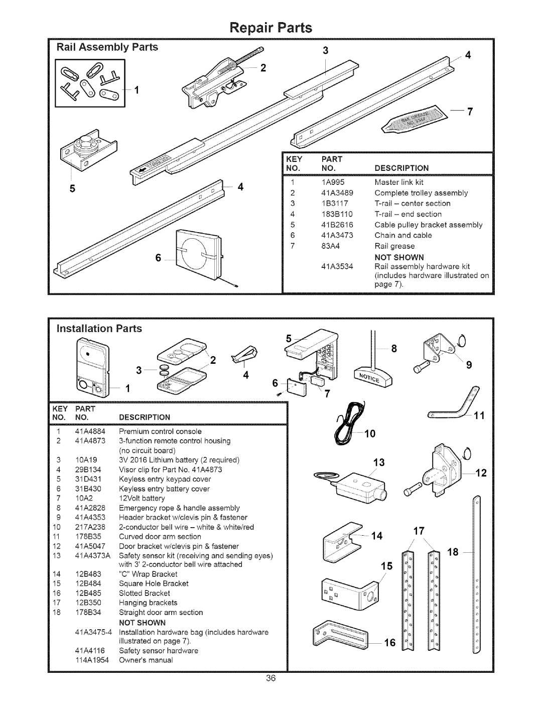 Sears 139.53535SRT1 operating instructions Repair Parts, Rail AssemblyParts, Installation Parts, 1418 